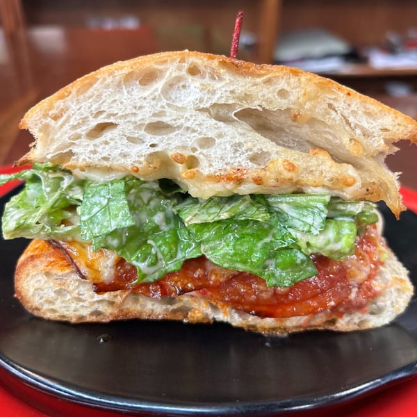 A deli sandwich on ciabatta bread with red sauce, melted cheese, and fresh green lettuce.